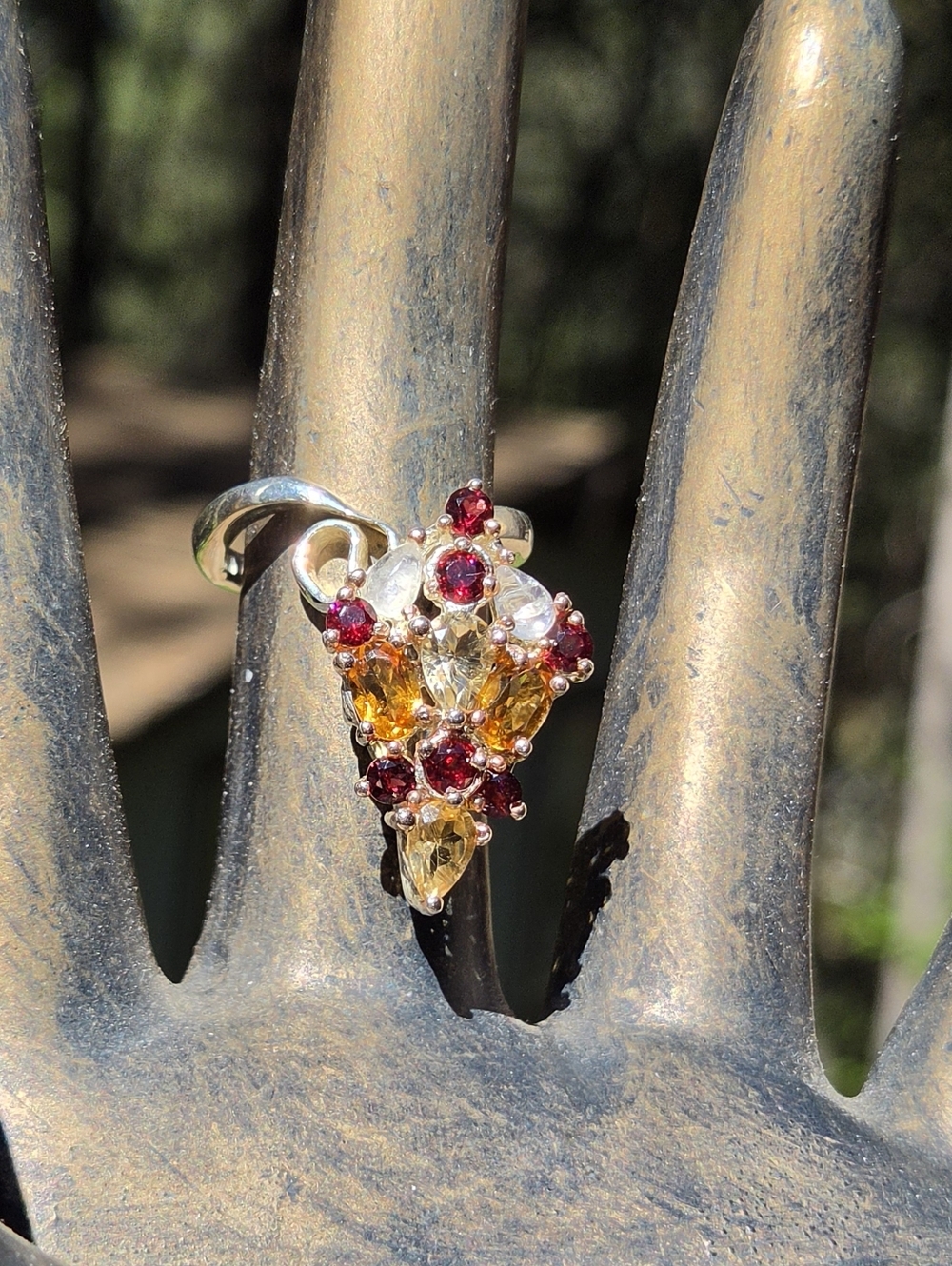 Citrine Moonstone Rhodalite & Green Amethyst Sterling White Gold Ring Sz7.5 - Picture 4 of 8